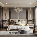 Elegant Modern Bedroom Interior With Crystal Chandelier King Bed Textured Wall Bedside Tables And Armchair