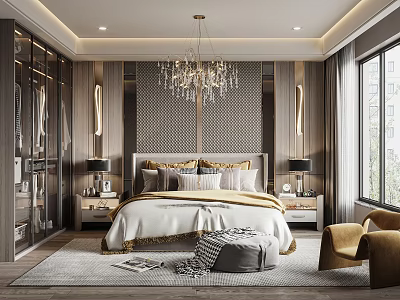 Elegant Modern Bedroom Interior With Crystal Chandelier King Bed Textured Wall Bedside Tables And Armchair 3d model
