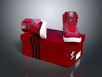 Adidas Red High Top Shoes with Red Laces on Red Shoe Box with Black Stripes 3d model