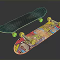 Two Skateboards With Black Deck And Colorful Graphic Design Yellow Wheels