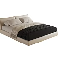 Modern Double Bed With Beige Headboard Two Pillows And Black Blanket 3d model