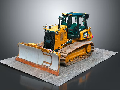 Yellow CAT Bulldozer With Tracked Undercarriage And Front Blade On Concrete Surface 3d model