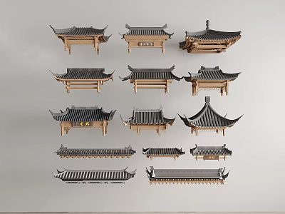 Traditional Chinese Pergola With Various Styles And Classic Wooden Tile Roof Design 3d model