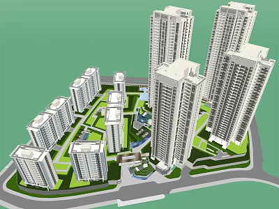Elegant Modern High Rise Residential Towers With Green Areas And Water Features 3d model