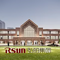 Red Brick School Building With Arched Doors Large Windows And Water Reflection 3d model