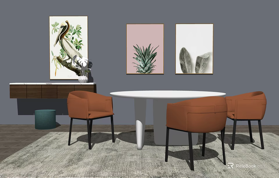 Modern Dining Table Set With White Round Table Orange Chairs And Three Wall Paintings 3d model