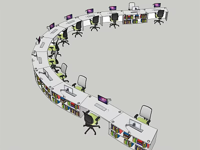 Circular Office Desks Arrangement With Multiple Workstations Monitors Office Chairs And Bookshelves 3d model