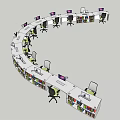 Circular Office Desks Arrangement With Multiple Workstations Monitors Office Chairs And Bookshelves