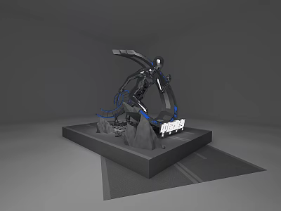 Modern Shop Window Display With Mechanical Structure Blue Lines And Rock Base 3d model