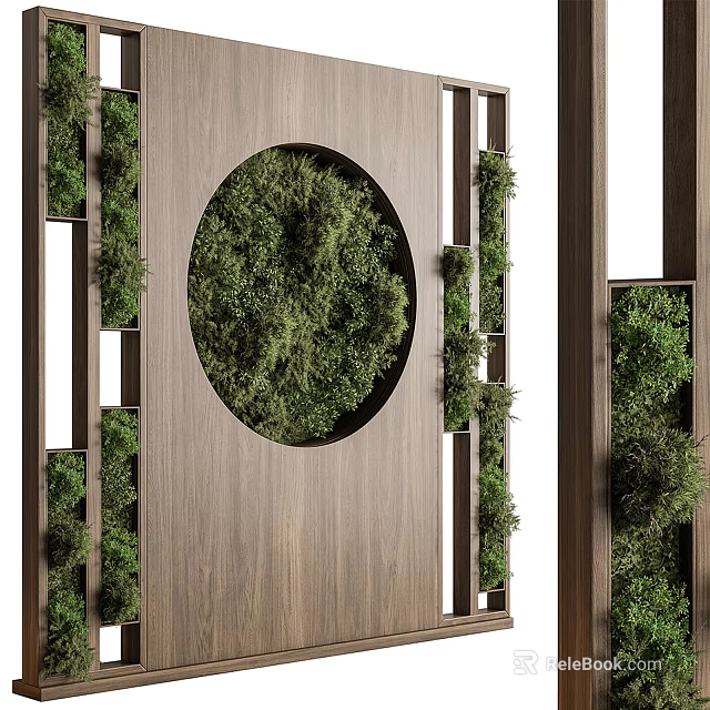 Vertical Living Plant Wall With Wooden Frame And Circular Green Section 3d model 