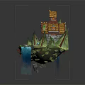 Cartoon Scene of Floating Island With Cottage Waterfalls Pine Trees And Blue Glowing Portal