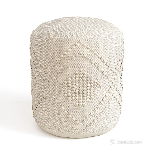 Modern Textured Woven Ottoman With Diamond Stitch Pattern And Neutral Beige Fabric 3d model 