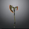 Ornate Fantasy Axe With Golden Accents Red Glowing Blade And Black Handle