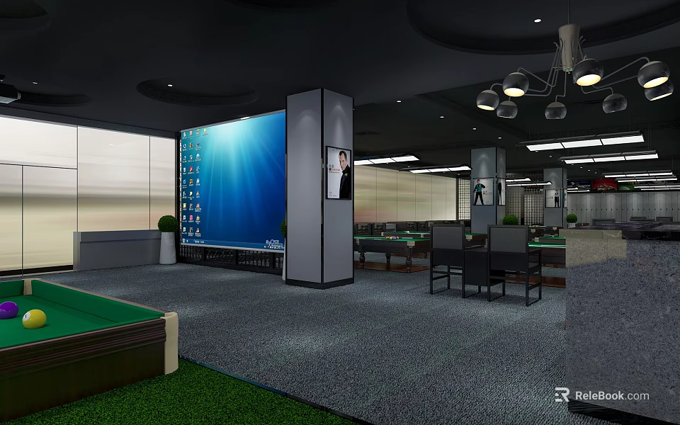 Modern Billiard Room Interior With Billiard Tables Large Blue Screen And Pendant Lights 3d model 