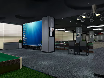 Modern Billiard Room Interior With Billiard Tables Large Blue Screen And Pendant Lights 3d model