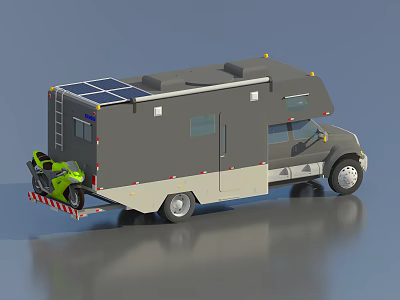 Gray RV Exterior With Solar Panels Green Motorcycle And Rear Ladder 3d model