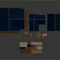 Multiple Medieval Wooden Houses With Blue Roofs Stone Walls And Material Samples