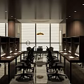 Modern Contemporary Office Workspace With Wooden Panels Large Windows Pendant Light And Ergonomic Chairs
