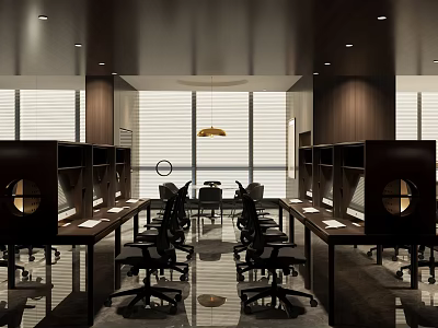 Modern Contemporary Office Workspace With Wooden Panels Large Windows Pendant Light And Ergonomic Chairs 3d model
