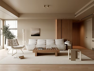 Modern Living Room Interior With Neutral Tones White Sofa And Wooden Coffee Table 3d model