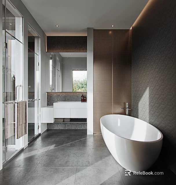 Luxurious Modern Bathroom Interior With Freestanding Bathtub Glass Shower And Vanity 3d model 