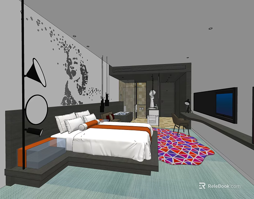 Modern Hotel Guest Room With Comfortable Bed Abstract Wall Art Colorful Patterned Rug And TV 3d model 