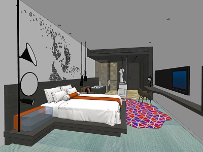 Modern Hotel Guest Room With Comfortable Bed Abstract Wall Art Colorful Patterned Rug And TV 3d model