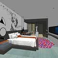 Modern Hotel Guest Room With Comfortable Bed Abstract Wall Art Colorful Patterned Rug And TV