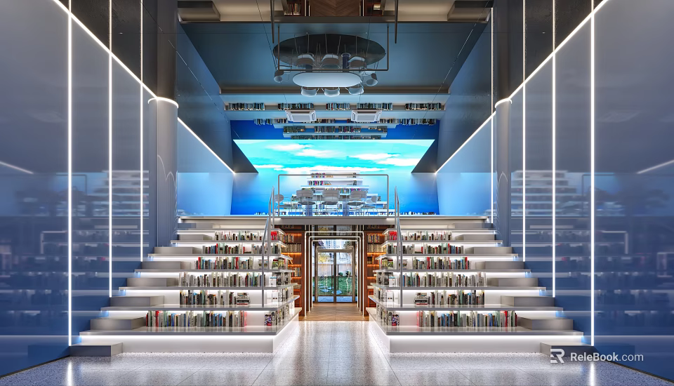 Artistic Modern Library Interior With Staircase Bookshelves And Sky Ceiling 3d model 