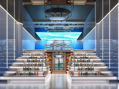 Artistic Modern Library Interior With Staircase Bookshelves And Sky Ceiling 3d model