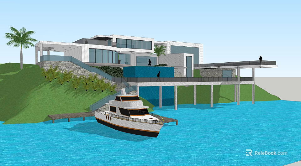 Modern Boutique Hotel Building on Waterfront with Boat Dock Glass Windows Greenery and Steps 3d model 