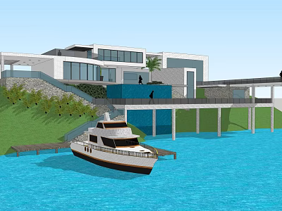 Modern Boutique Hotel Building on Waterfront with Boat Dock Glass Windows Greenery and Steps 3d model