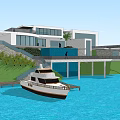 Modern Boutique Hotel Building on Waterfront with Boat Dock Glass Windows Greenery and Steps