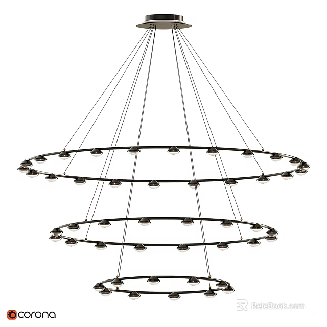 Sleek Modern Multi Tiered Circular Ring Chandelier with Hanging Bulbs and Metal Wires 3d model 