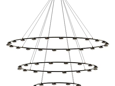 Sleek Modern Multi Tiered Circular Ring Chandelier with Hanging Bulbs and Metal Wires 3d model