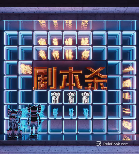 Decorative Lights for Script Kill Room with Neon Blue Orange Square Patterns and Silhouettes 3d model