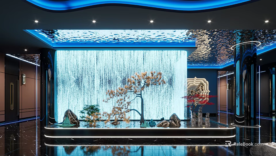 Luxurious Modern SPA Sauna Interior With Waterfall Wall Decorative Tree And Reflected Floor 3d model