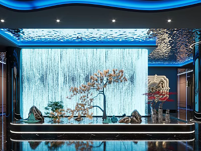 Luxurious Modern SPA Sauna Interior With Waterfall Wall Decorative Tree And Reflected Floor 3d model