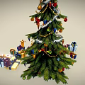 Decorated Christmas Tree With Star Tinsel Colorful Balls And Surrounding Wrapped Gifts