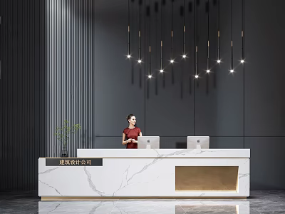 Contemporary Office Front Reception Desk Featuring Marble Counter Gold Accents Female Receptionist And Pendant Lights 3d model