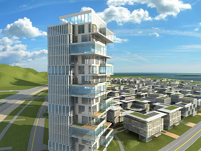 Modern High Rise Architectural Complex With Urban Greenery Road Networks And Sea View 3d model