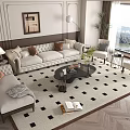 Elegant White Sofa And Coffee Table Set With Checkered Rug Floor Lamp And View Window 3d model