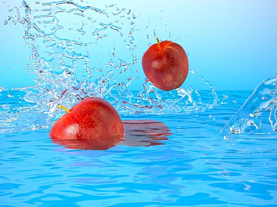 Fresh Red Apples Falling Into Blue Water With Splashes And Sky 3d model