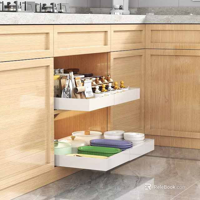 Spice Bottles Organized in Two Tiered Kitchen Drawer with Wooden Cabinets 3d model 