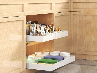 Spice Bottles Organized in Two Tiered Kitchen Drawer with Wooden Cabinets 3d model
