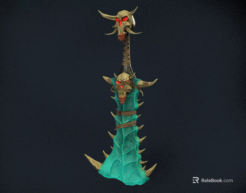 Dark Warrior Wielding Demon Horned Weapon With Green Blade And Skull Decoration 3d model 