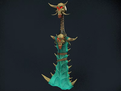 Dark Warrior Wielding Demon Horned Weapon With Green Blade And Skull Decoration 3d model