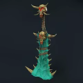 Dark Warrior Wielding Demon Horned Weapon With Green Blade And Skull Decoration