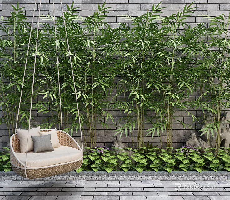Wicker Hanging Chair with Cushions Against Brick Wall Bamboo Plants and Green Foliage 3d model 