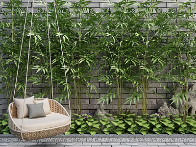 Wicker Hanging Chair with Cushions Against Brick Wall Bamboo Plants and Green Foliage 3d model